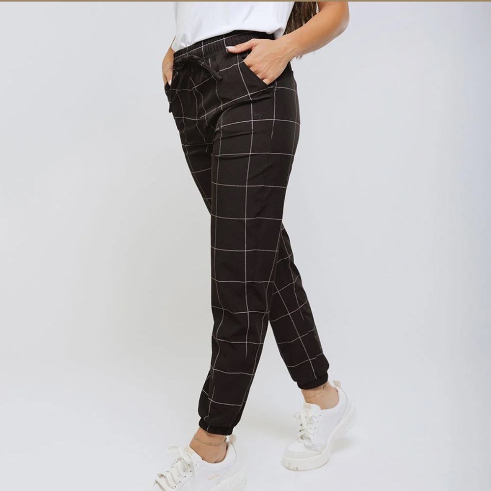 Albion EVERYWHERE JOGGERS, BLACK WINDOWPANE- medium petite